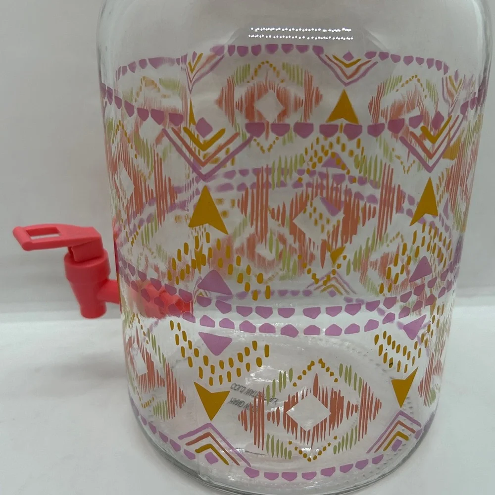 Vintage Colorful Glass Gallon Dispenser Sun Tea Jar:Rosy Geometric Design